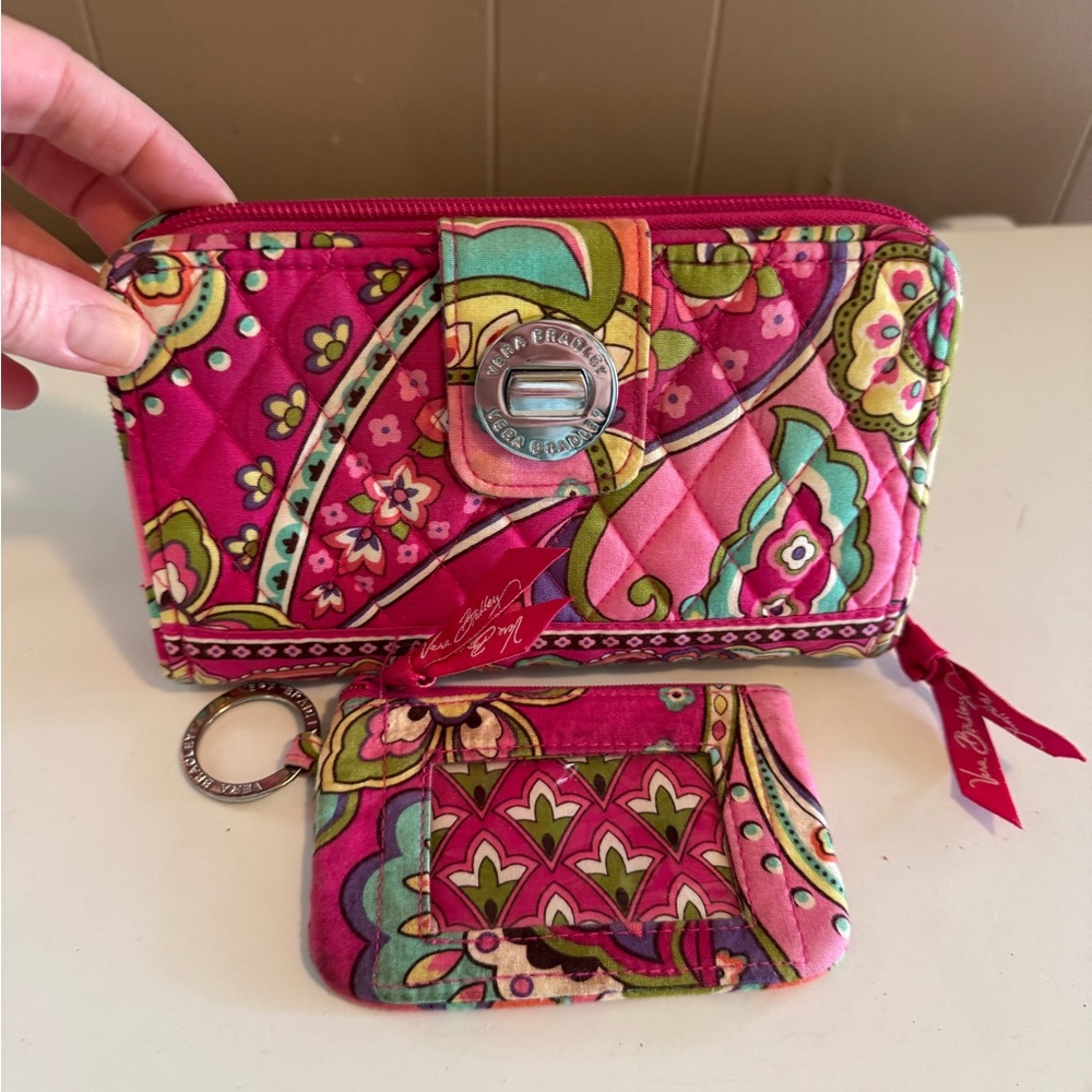 Vera Bradley Pink and Green Quilted Wallet Set